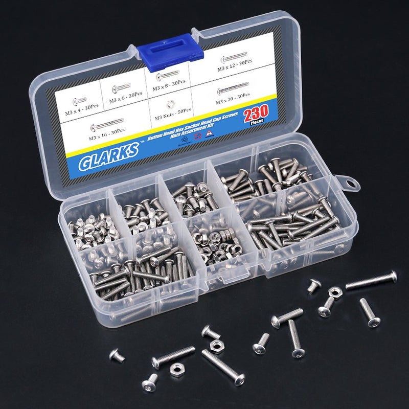 Glarks 230Pcs M3 Stainless Steel Allen Hex Drive Button Head Socket Cap Bolts Screws Nuts Assortment Kit (M3) - Image 4